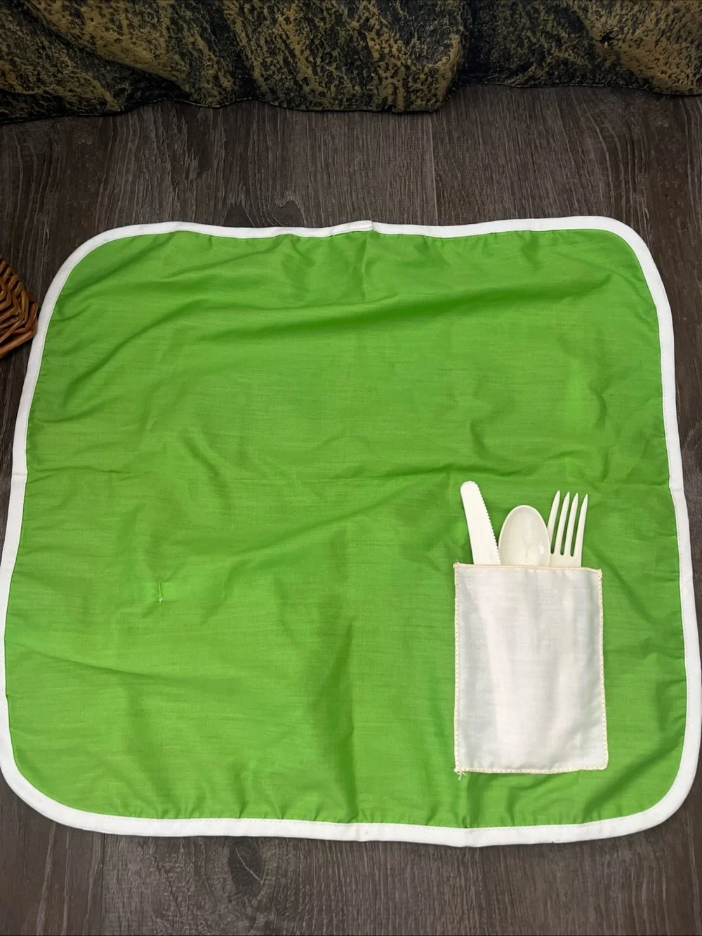 Boho Cottage Vintage Wicker Picnic Basket with Green Roll-Up Placemat Napkins